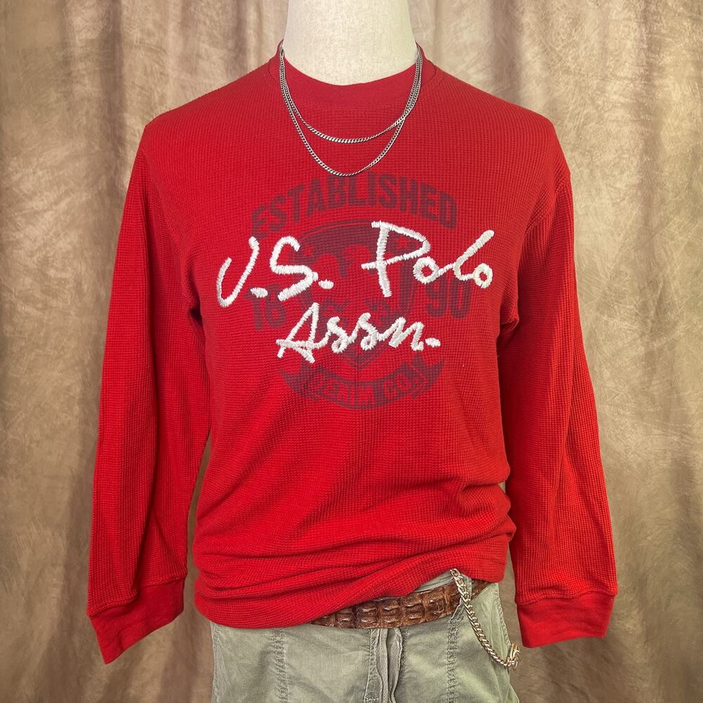 Vintage Y2K Thermal Long Sleeve Shirt Red Embroidered Skater Streetwear Indie